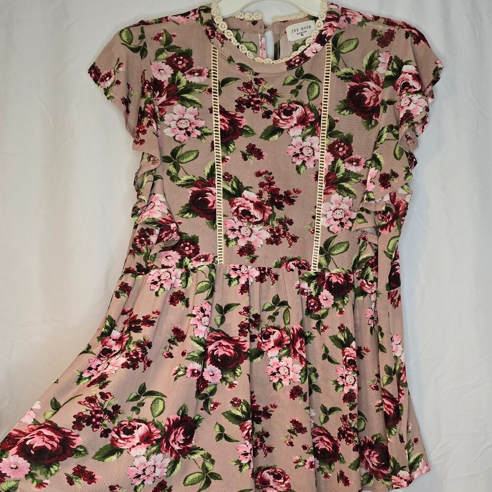 Ivy Rose Floral Blouse XL Dusty Pink Roses Romantic Detailing Ruffles Lace